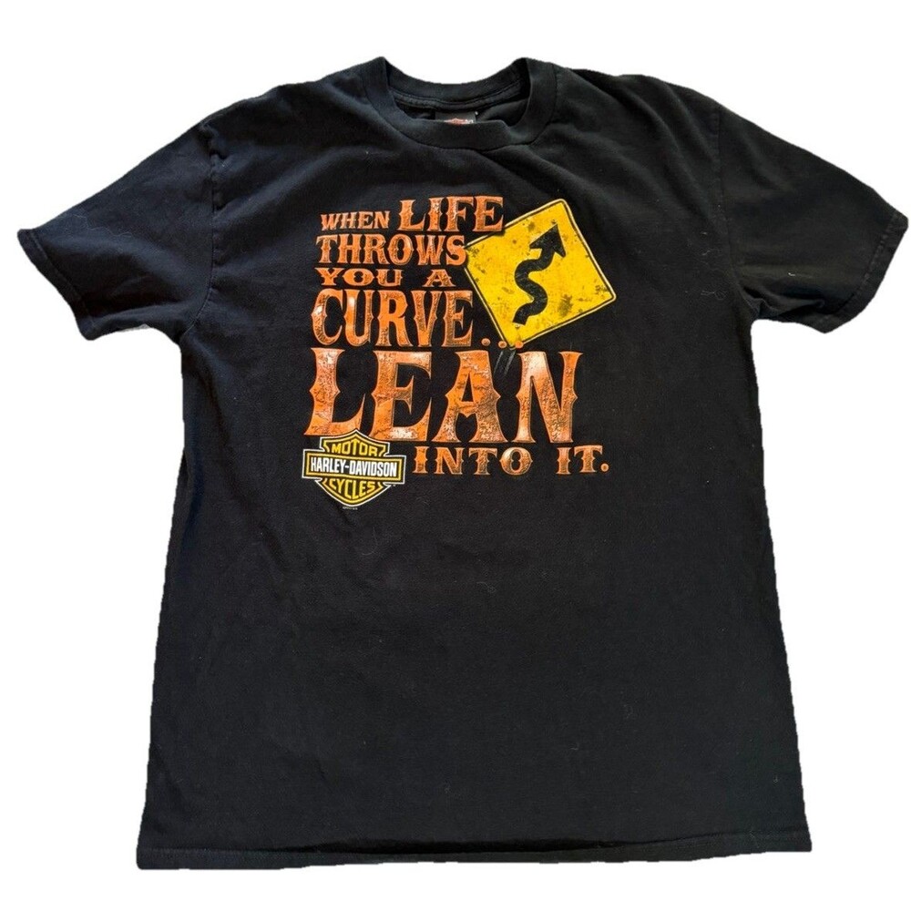 Harley Davidson Mens XL Black T-Shirt Life Throws A Curve Lean Into It Biker